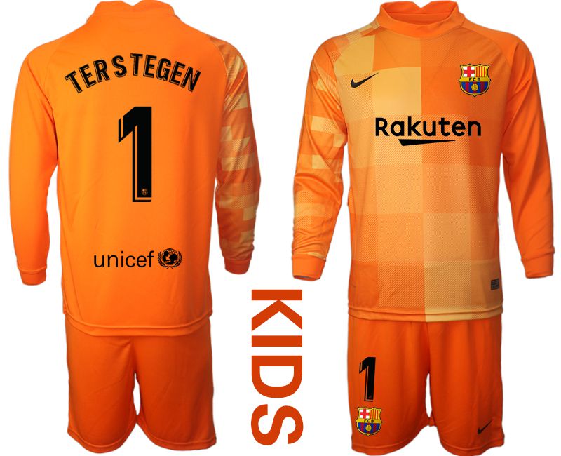 Youth 2021-2022 Club Barcelona orange red goalkeeper long sleeve #1 Soccer Jersey->youth soccer jersey->Youth Jersey